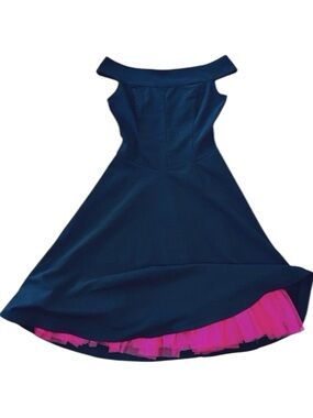 Vtg 90s Y2K Off Shoulder Midi Dress w/ Tulle Layered Ruffle